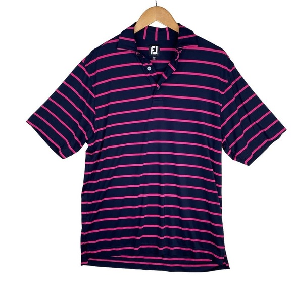Footjoy Dark Blue and Pink Striped Short Sleeve Performance Golf Polo SizeMedium - Picture 1 of 3